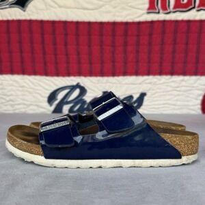 Size 37/W6 - Birkenstock Arizona Birko-Flor Blue Patent Leather Sandals Narrow